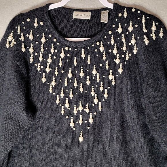 Vintage Allison Blair Pearl Sweater Womens L Silk Angora Lambswool Blend Black - Picture 2 of 9